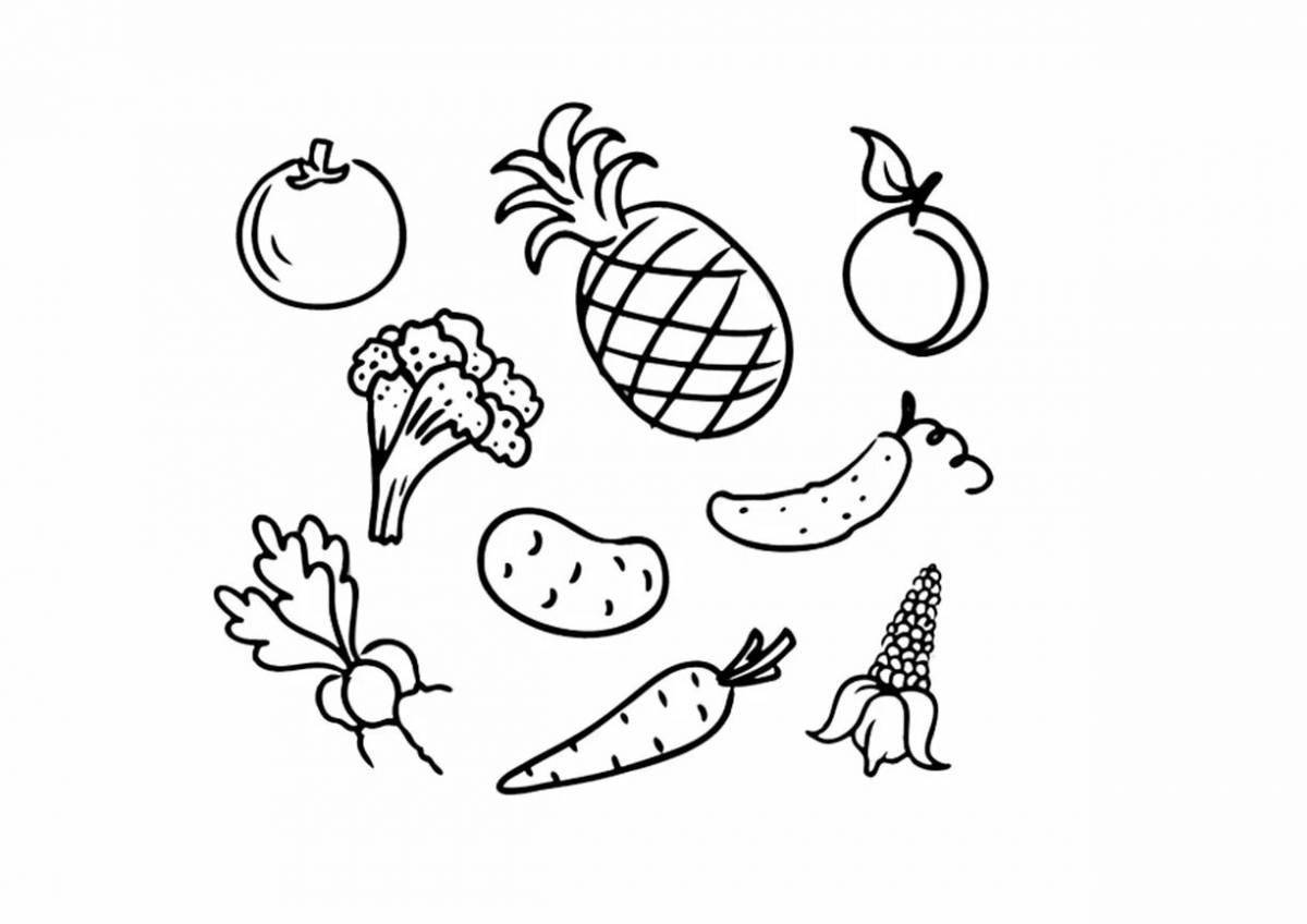 Игривая страница раскраски фруктов и овощей для детей