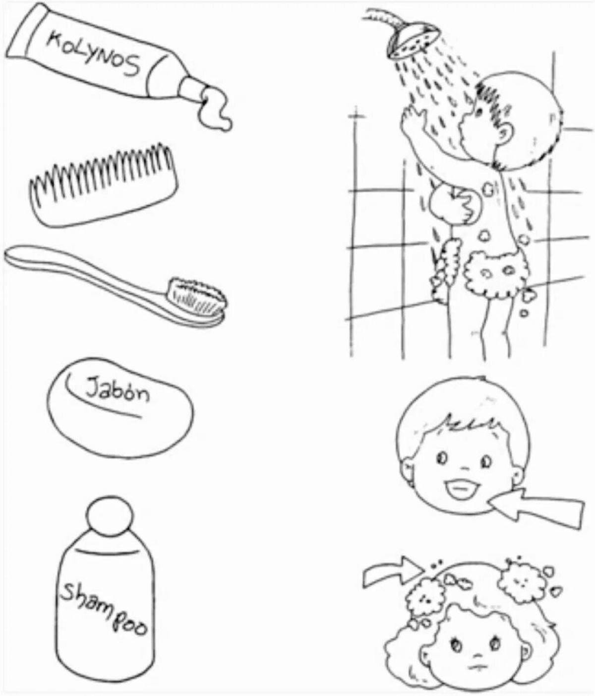 Colorful dazzling hygiene items coloring book