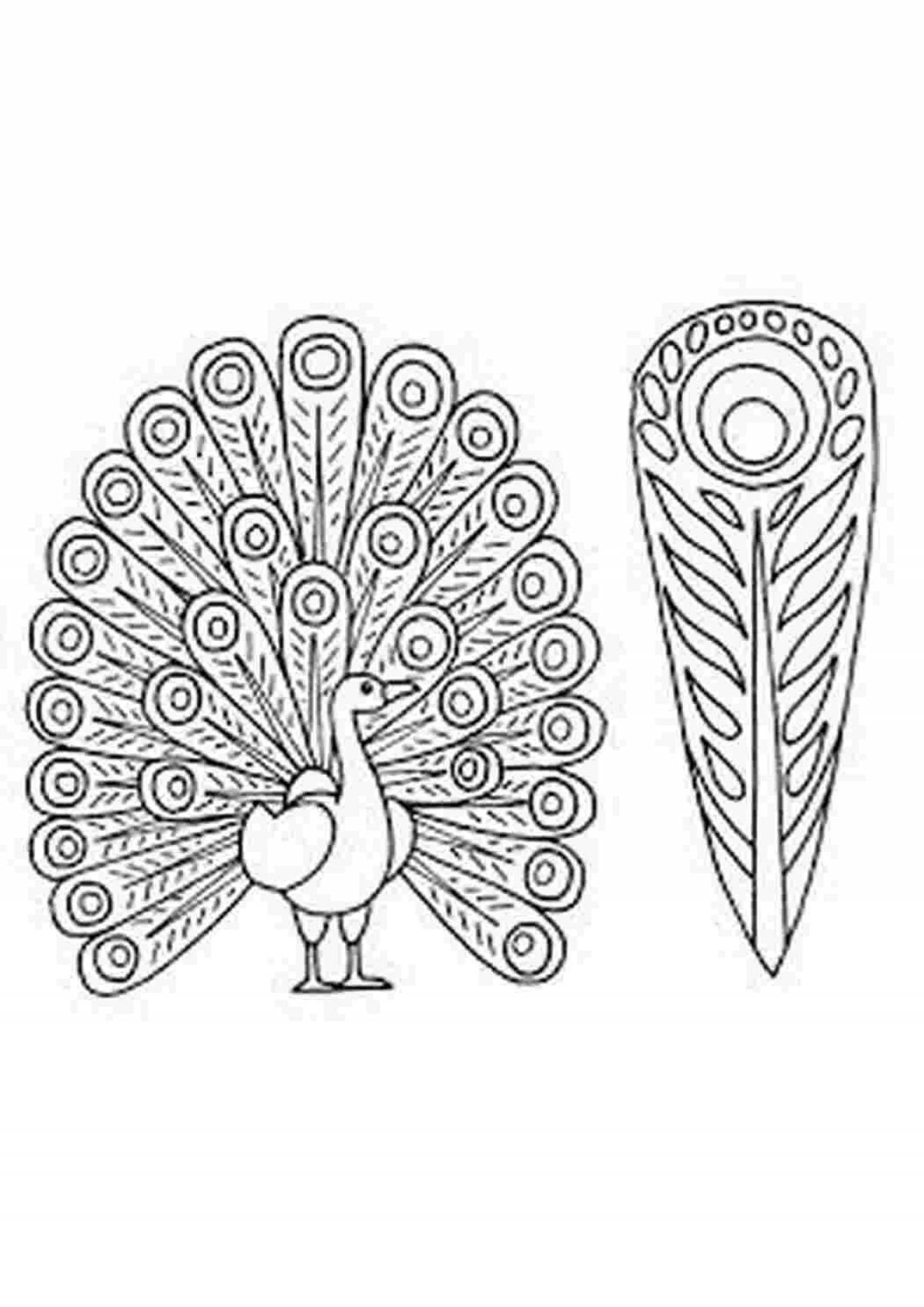 Coloring pages for children with colorful fire bird feathers