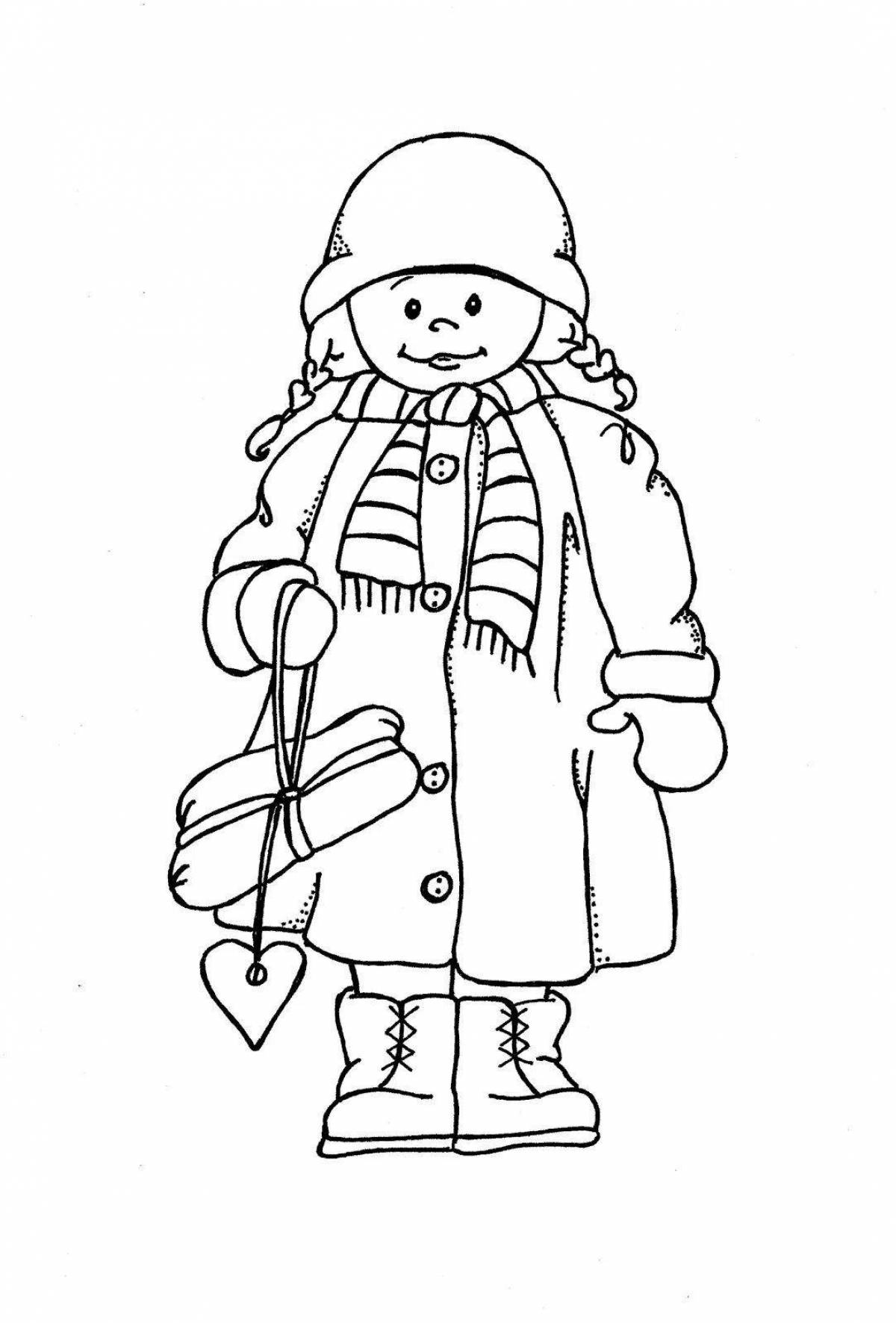Animated winter clothes coloring page for 6-7 year olds