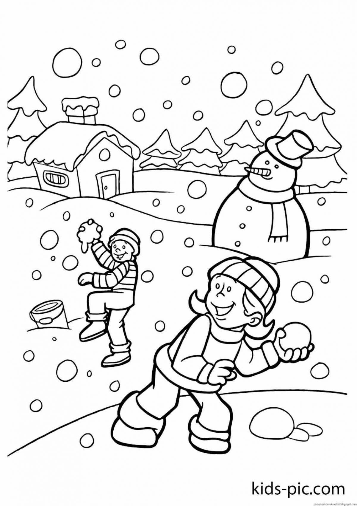 Яркая раскраска зимние забавы для детей в детском саду