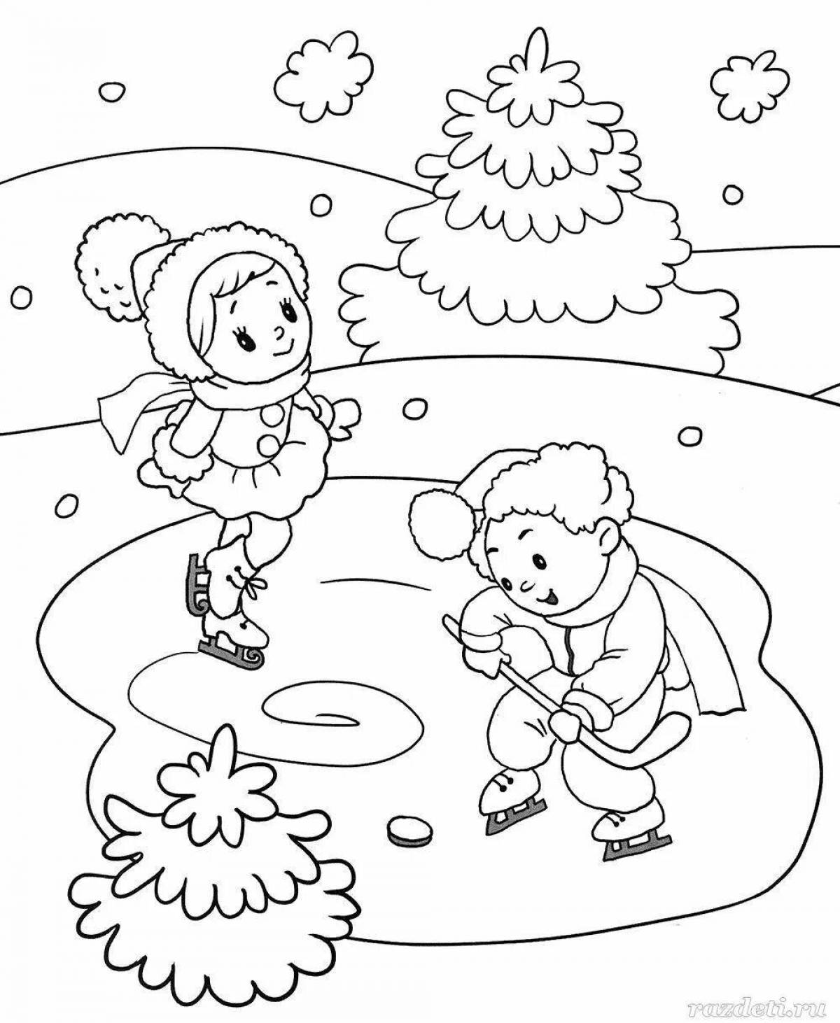 Веселая раскраска «зимние забавы для детей в детском саду»