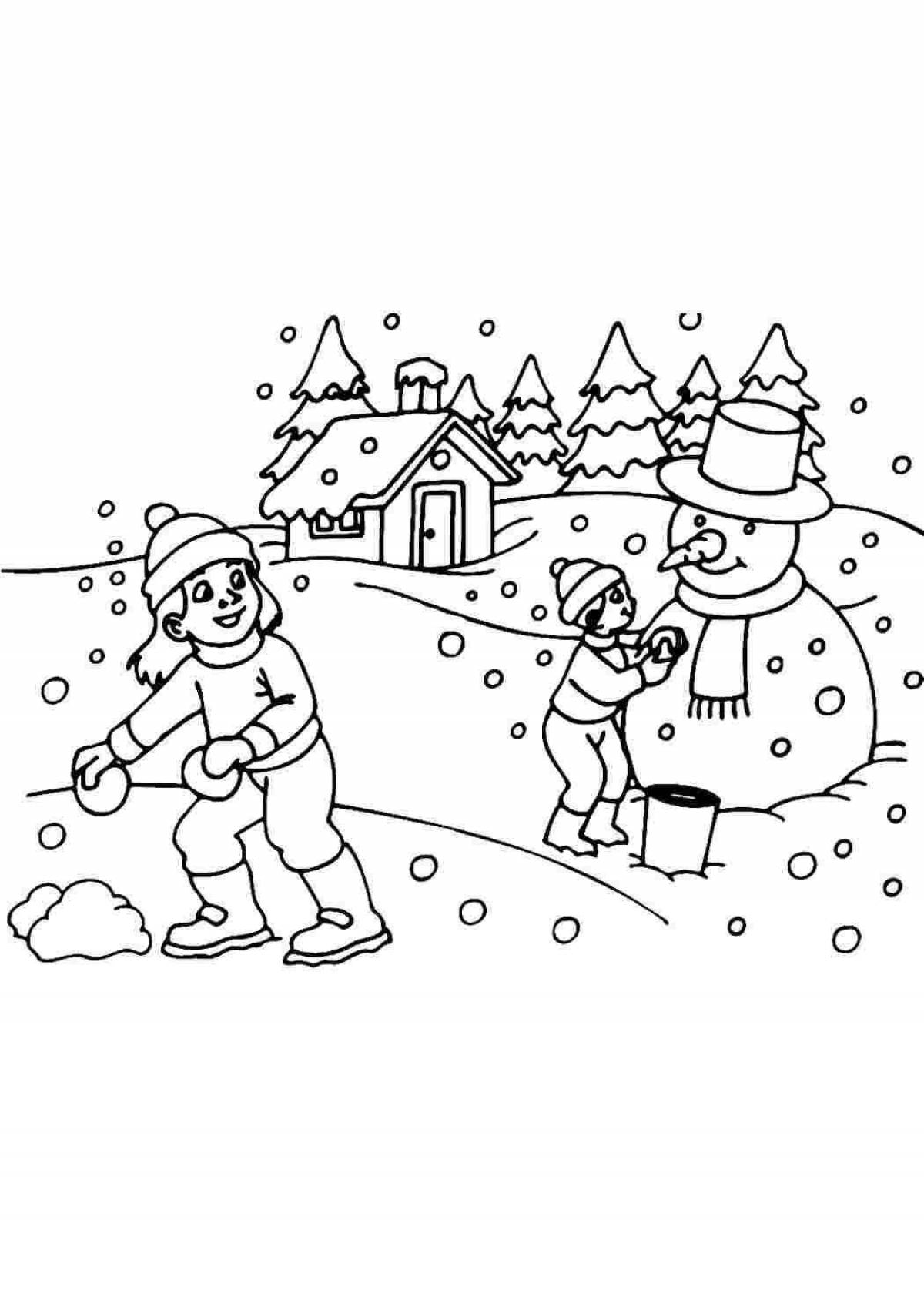 Великолепная раскраска «зимние забавы для детей в детском саду»