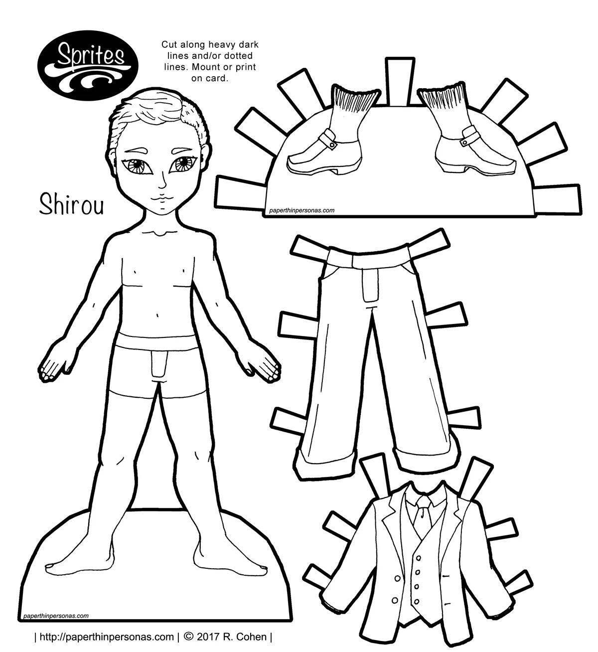 Яркая бумажная кукла-мальчик с одеждой, которую нужно вырезать