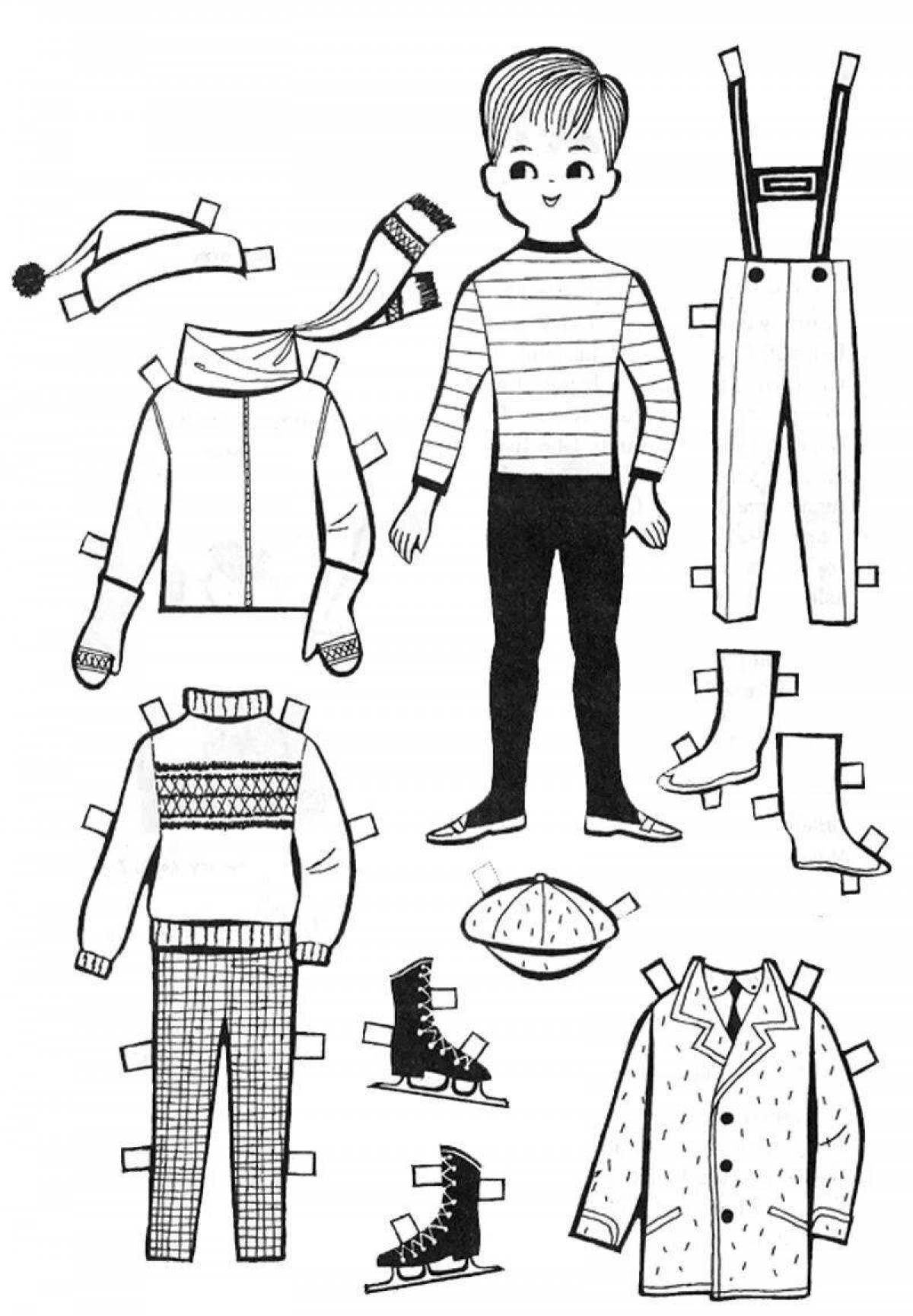 Playful boy paper doll with clothes to cut out