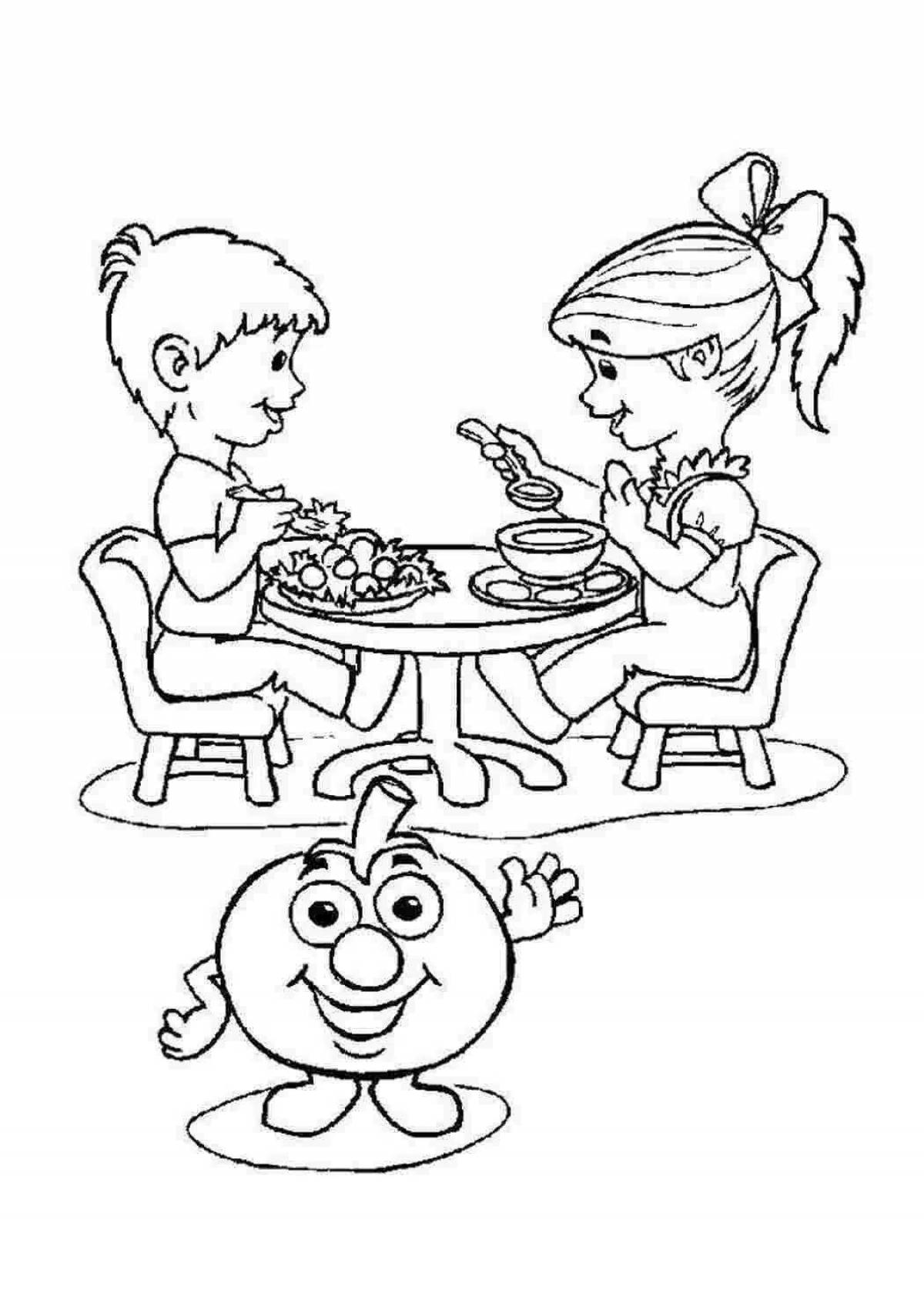 Нарисовать этикет. Здоровое питание раскраска для детей. Раскраски по здоровому питанию. Раскраска правильное питание для детей. Раскраска дети едят в столовой.