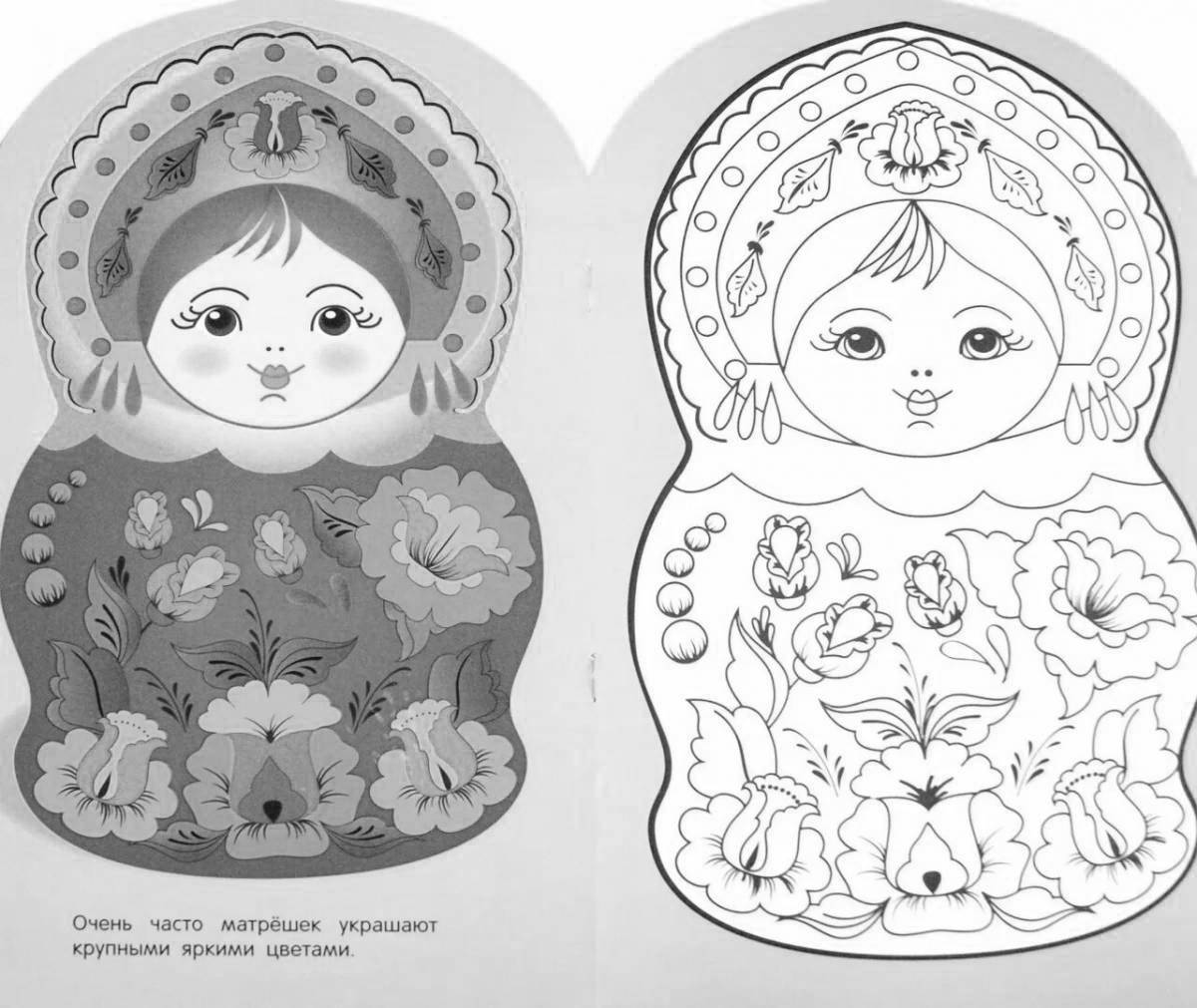 Coloring book charming Khokhloma nesting dolls