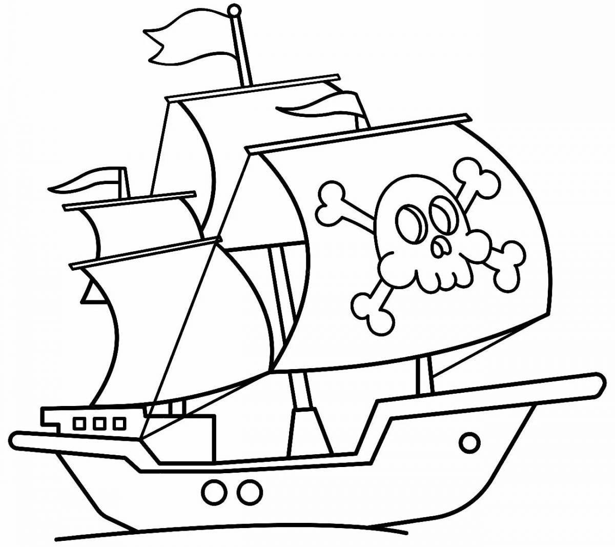 Красочная страница раскраски пиратского корабля для детей