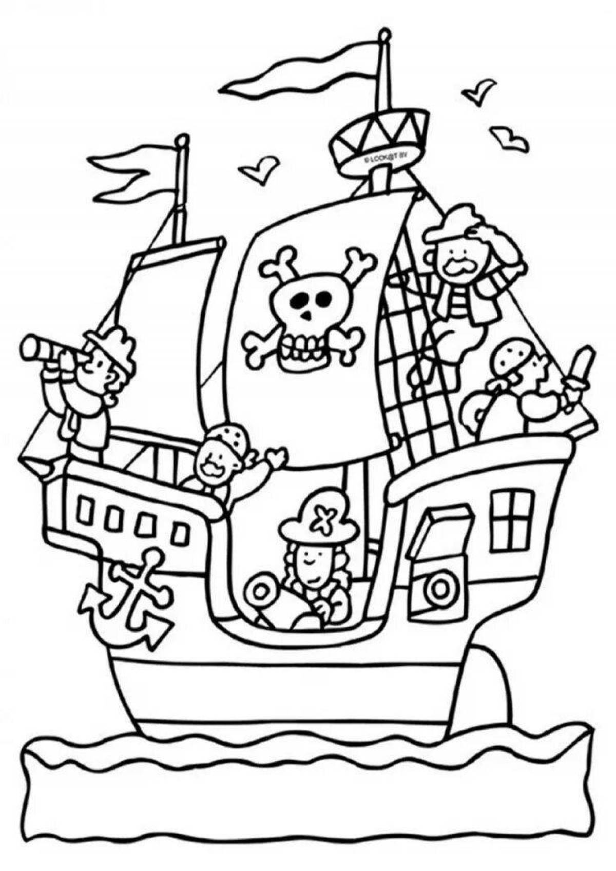 Смелая страница раскраски пиратского корабля для детей