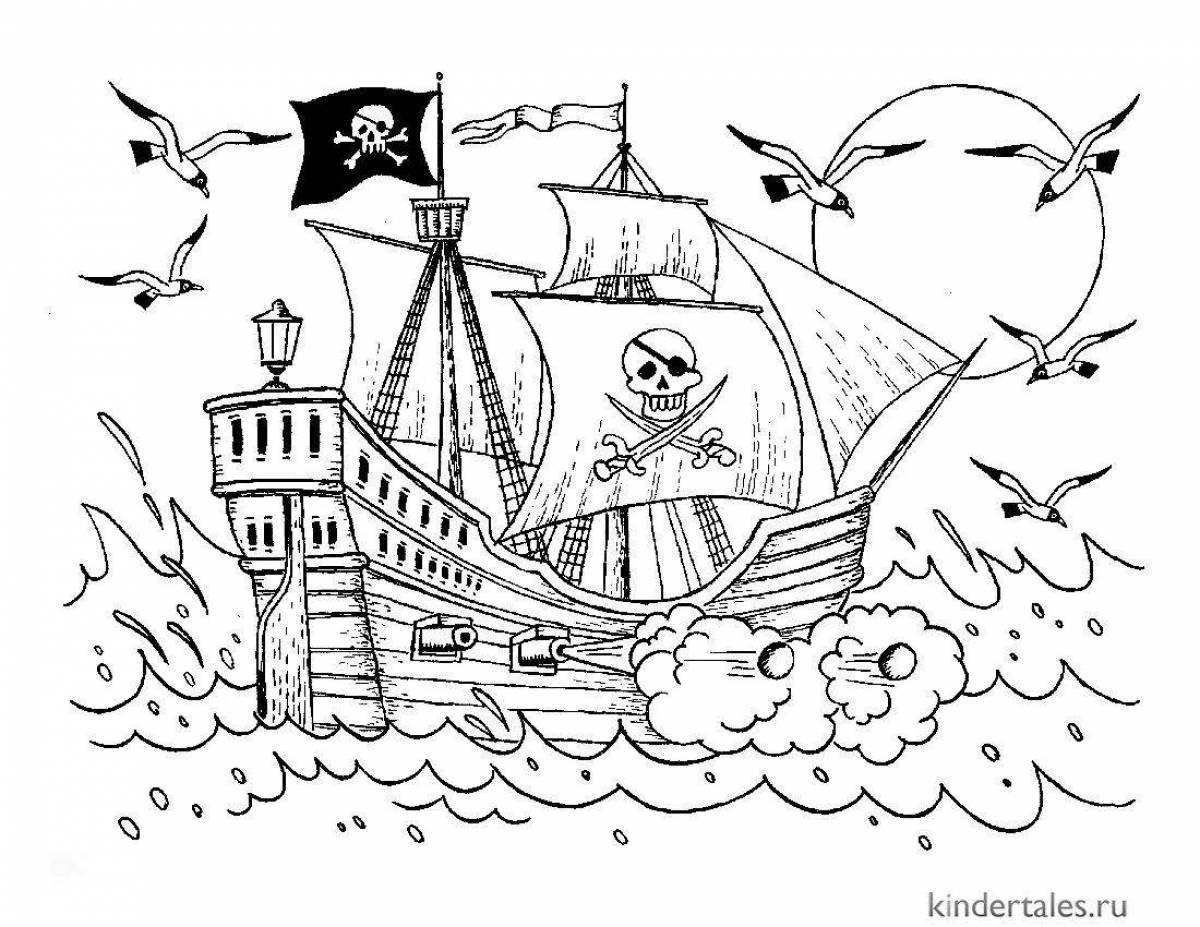 Сказочная страница раскраски пиратского корабля для детей
