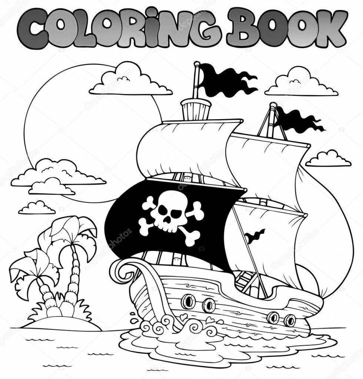 Fancy coloring of a pirate ship for kids