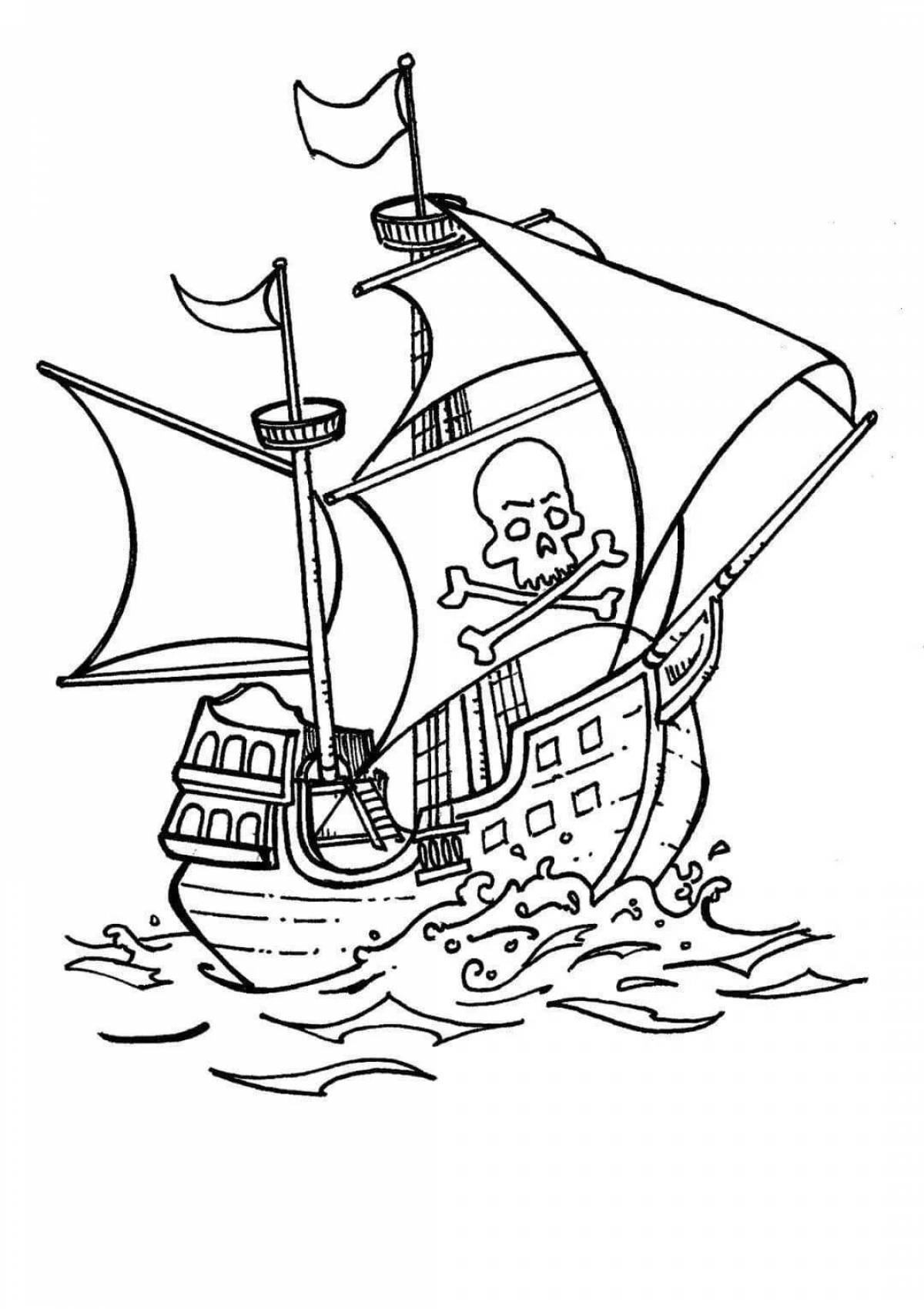 Игривая страница раскраски пиратского корабля для детей