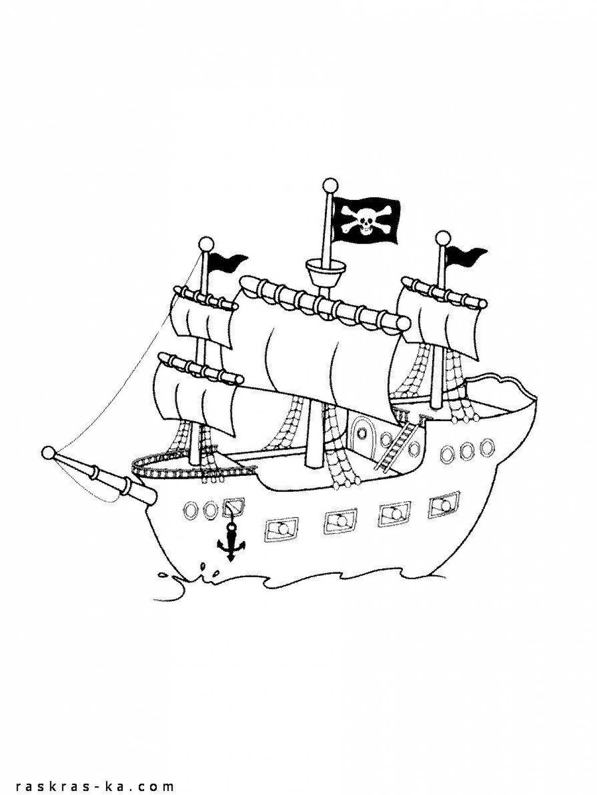 Яркая раскраска пиратского корабля для детей