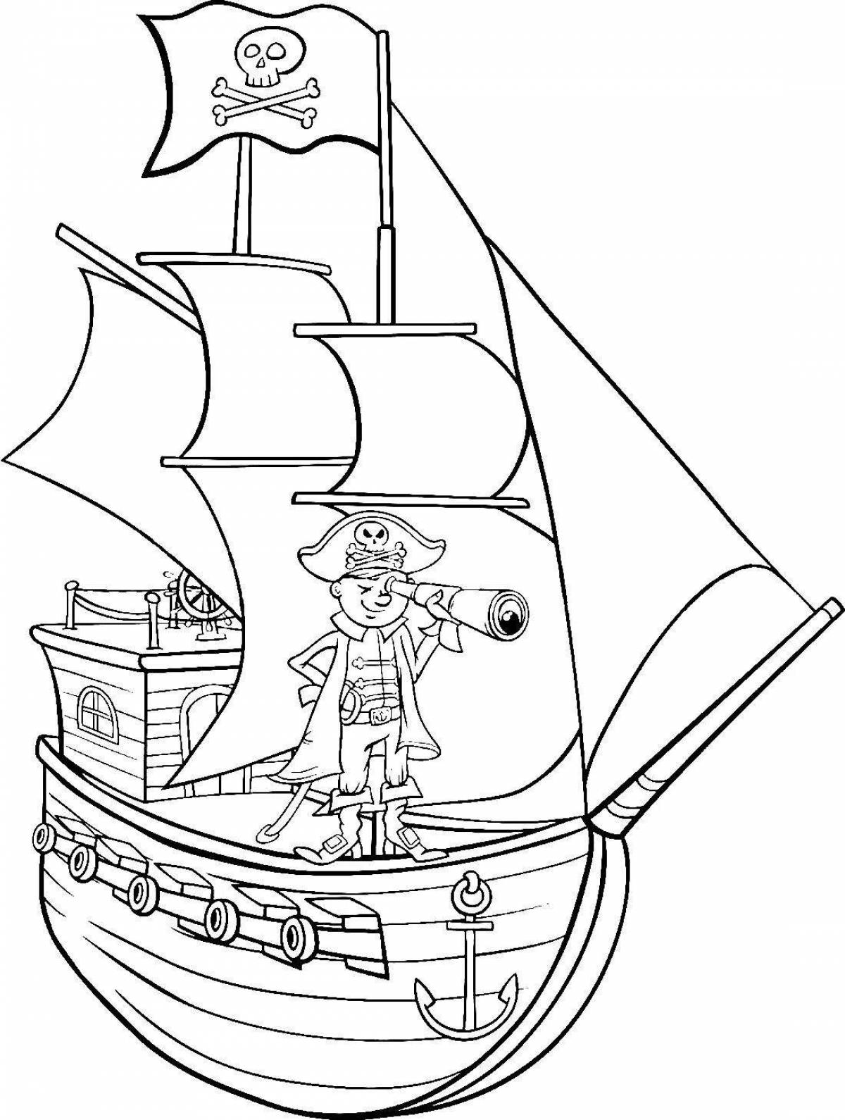 Раскраска яркий пиратский корабль для детей