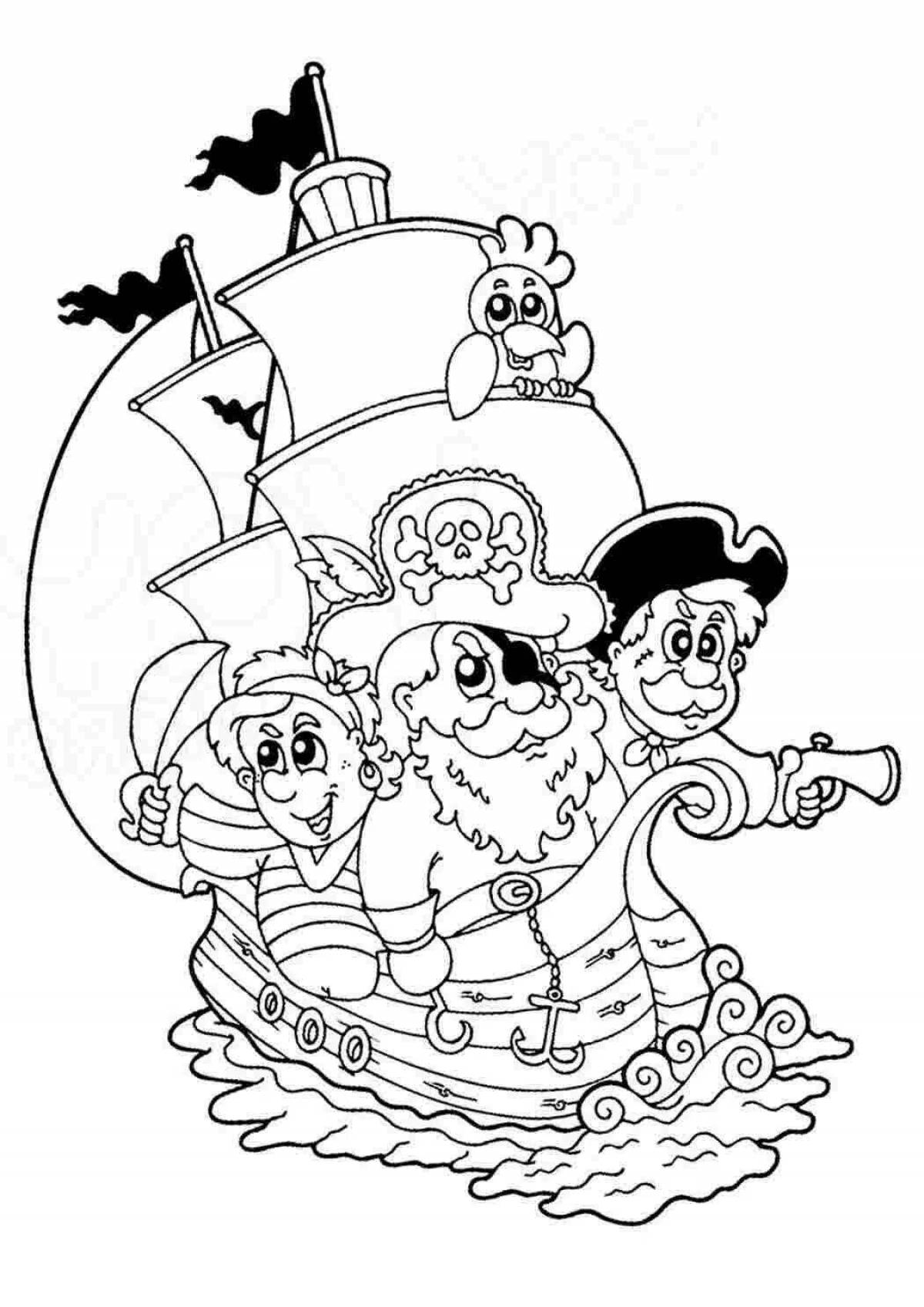 Удивительная страница раскраски пиратского корабля для детей