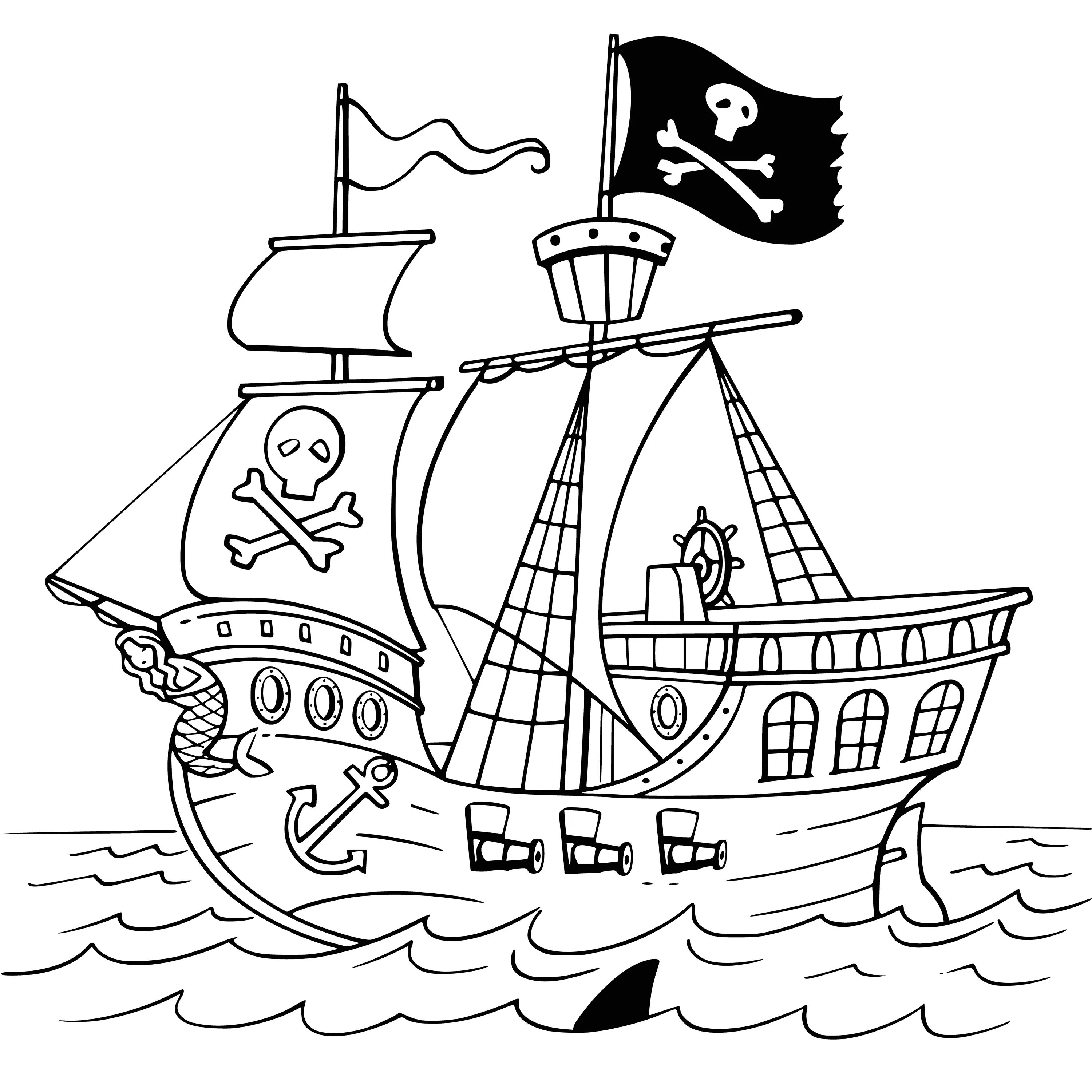 Уникальная страница раскраски пиратского корабля для детей
