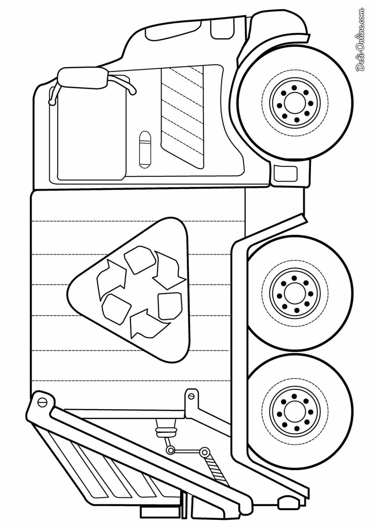 Playful garbage truck coloring page for 3-4 year olds