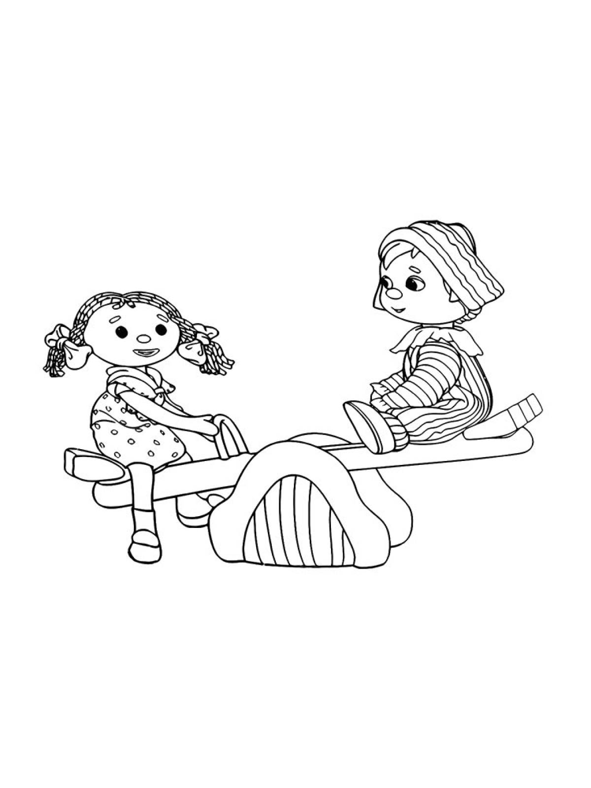 Раскраска мальчик и девочка на качелях