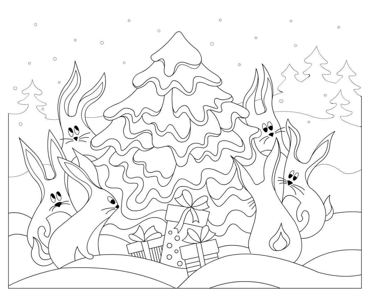 Playful winter forest coloring page for 5-6 year olds