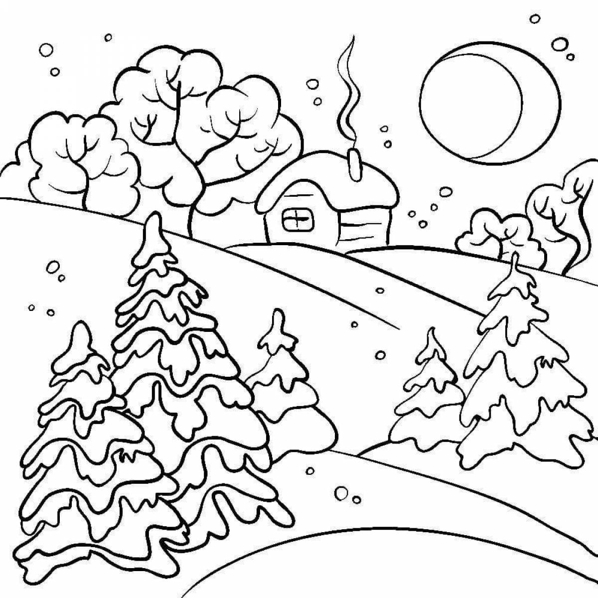 Раскраска яркий зимний лес для детей