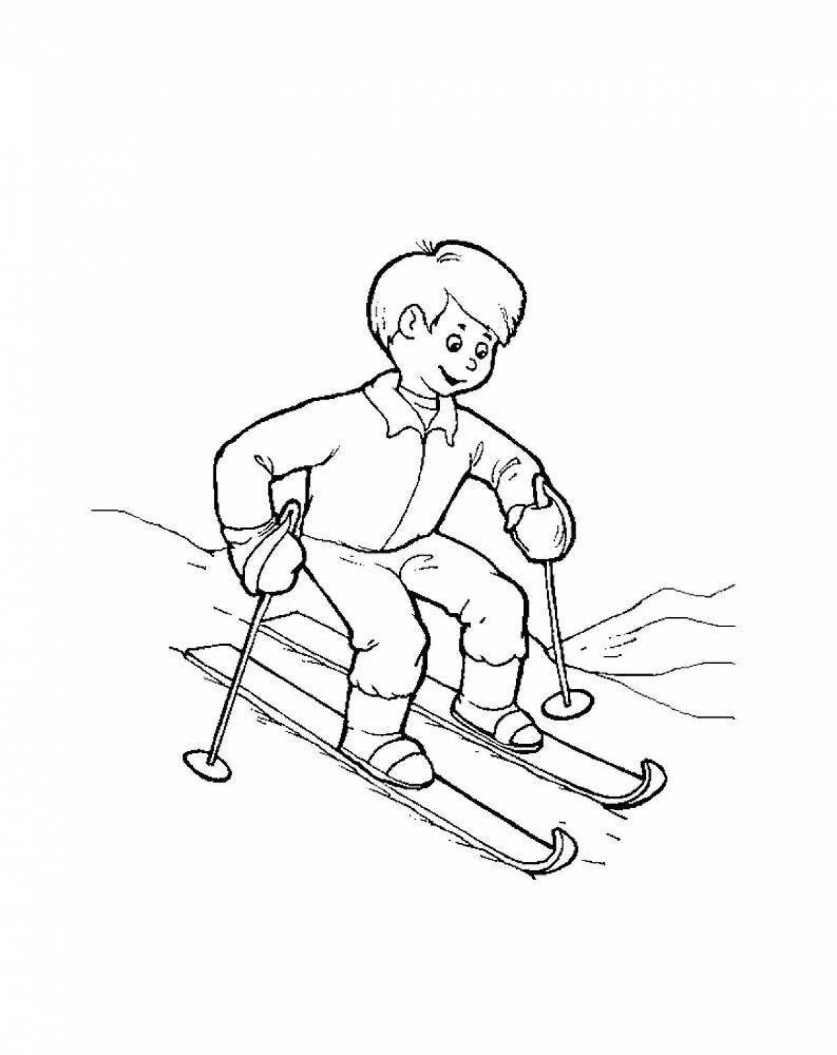 Colorful skiing baby coloring page