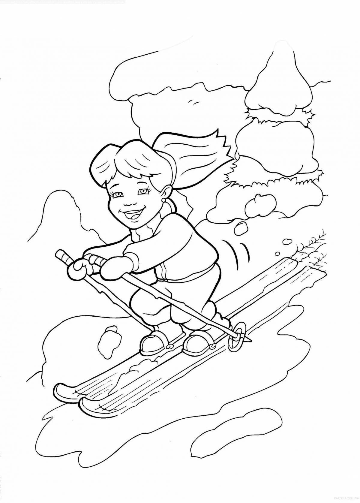 Coloring page energetic skier kid