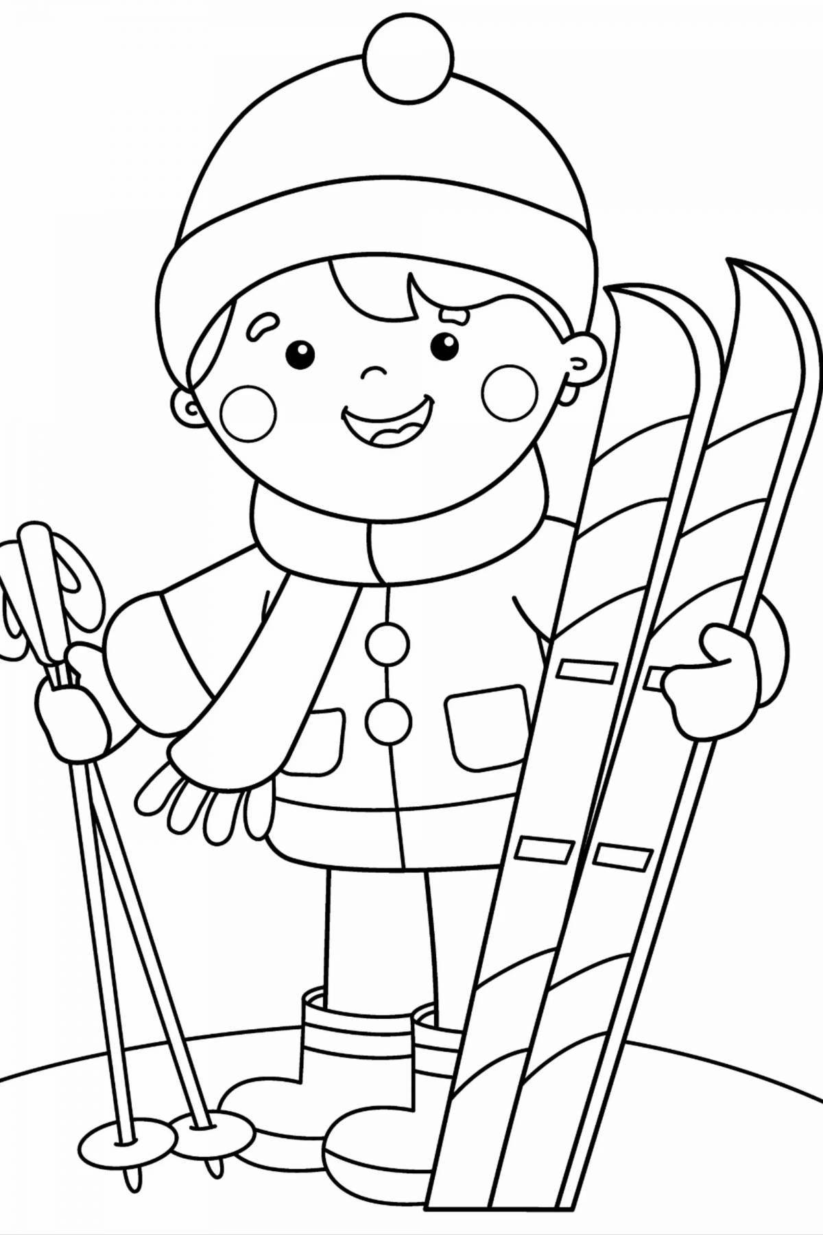 Coloring page brave skier kid
