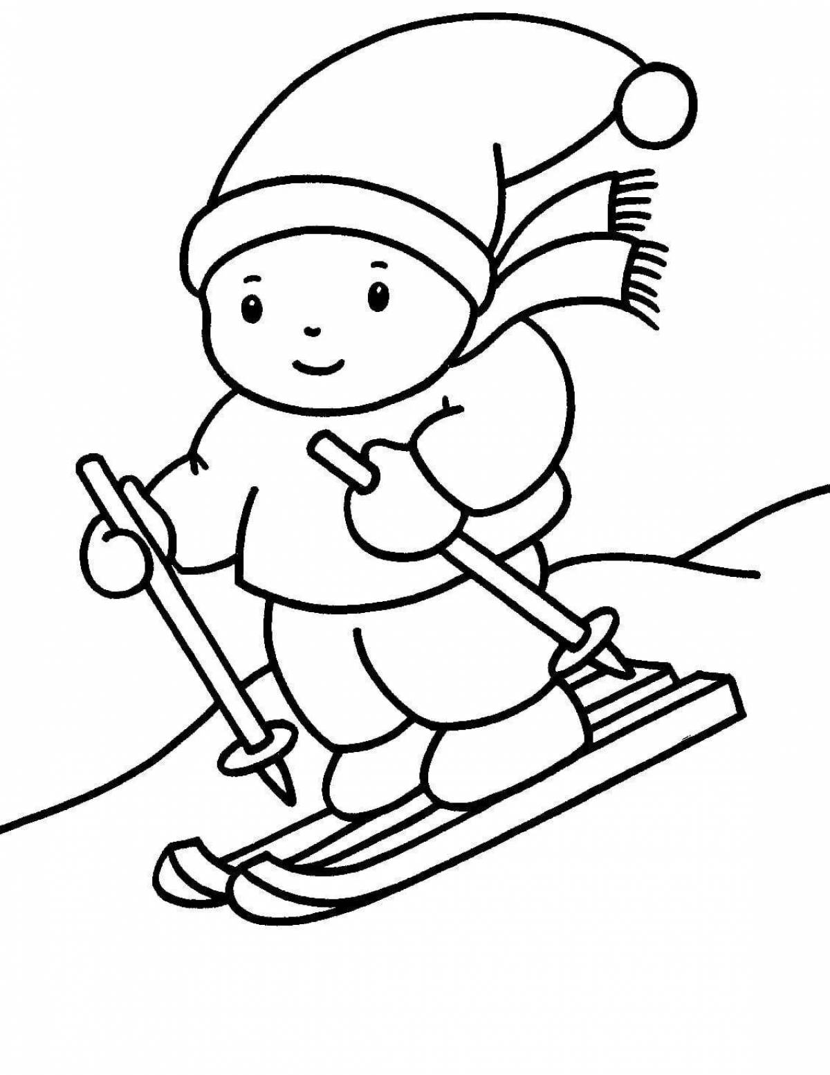 Coloring book playful baby skier