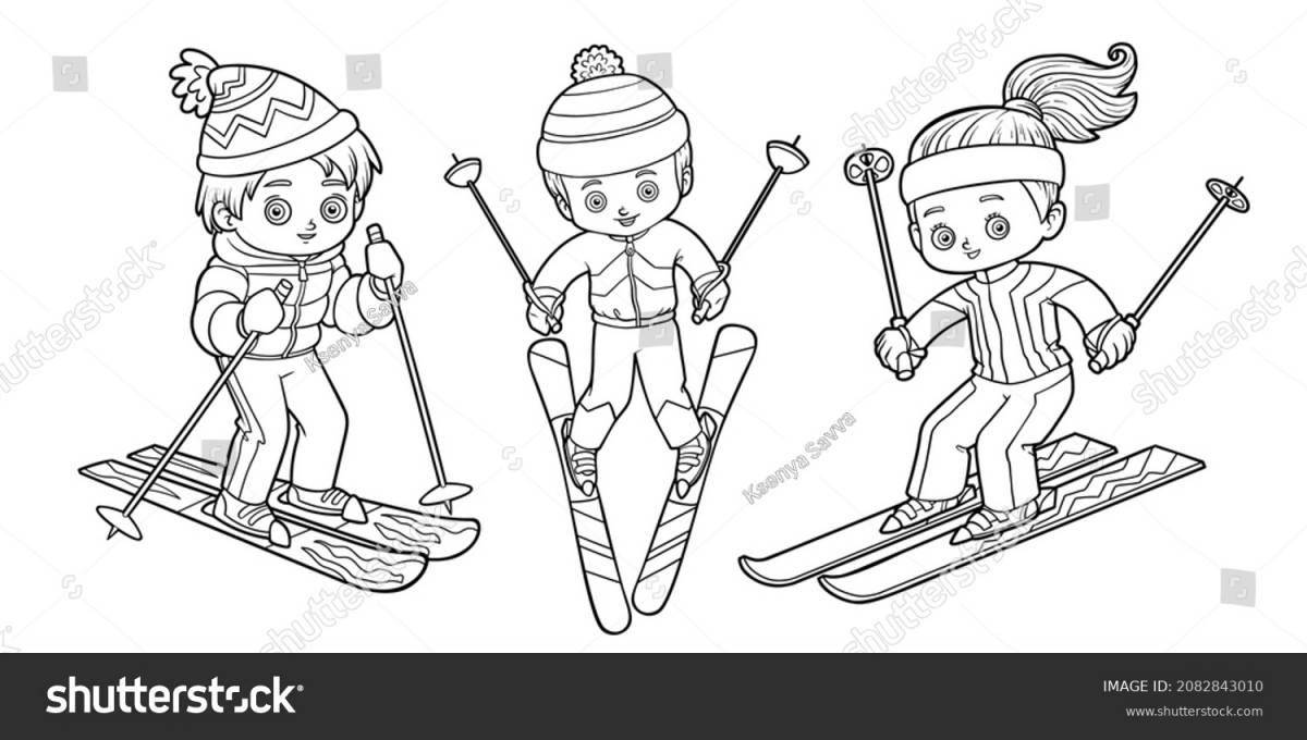 Coloring page for the wild skier kid