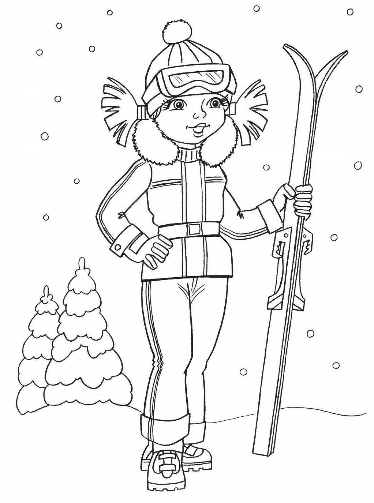 Coloring book determined baby skier