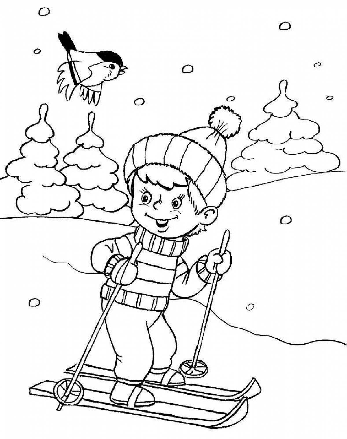 Раскраска уверенный малыш-лыжник