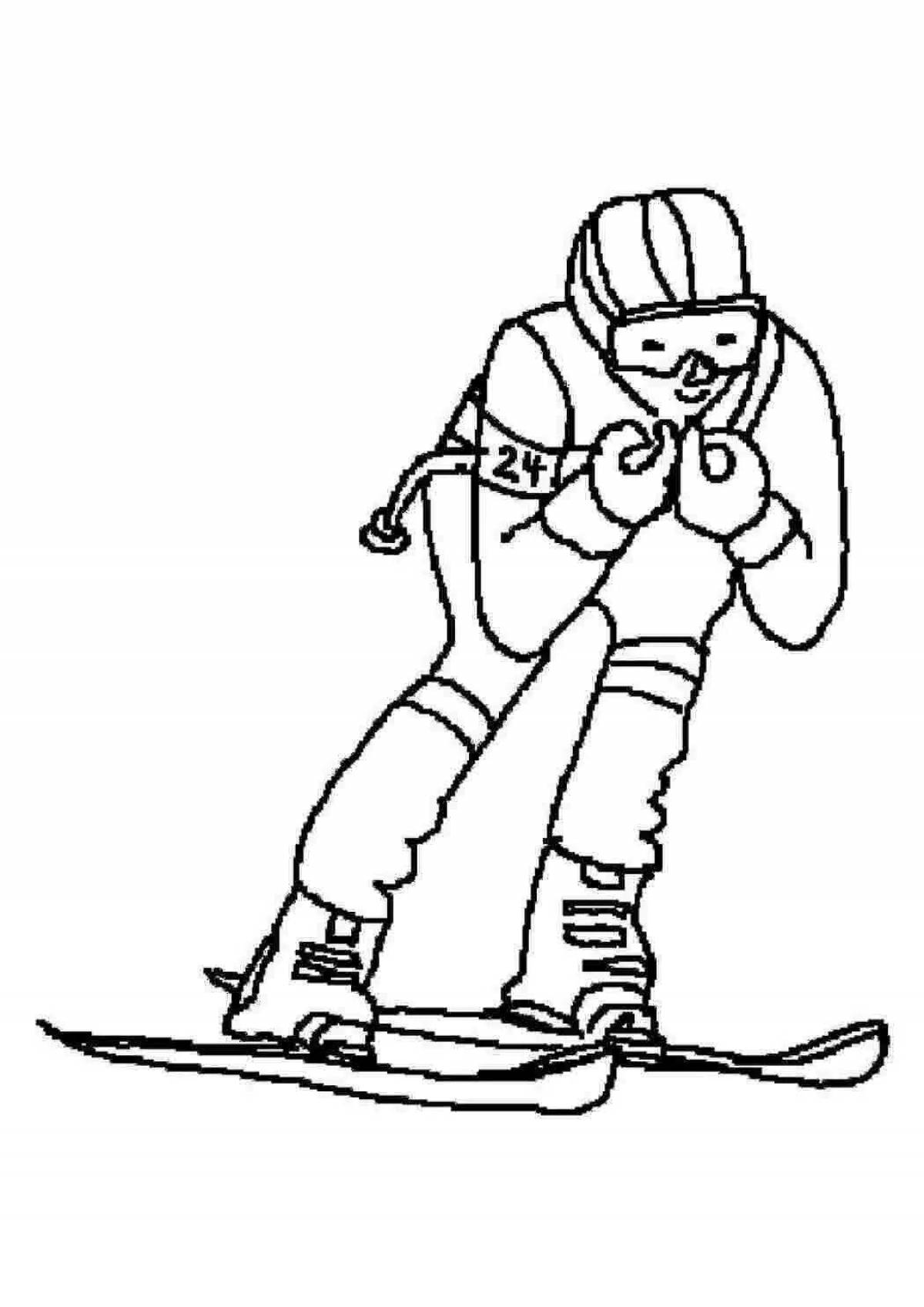 Coloring book brave kid skier