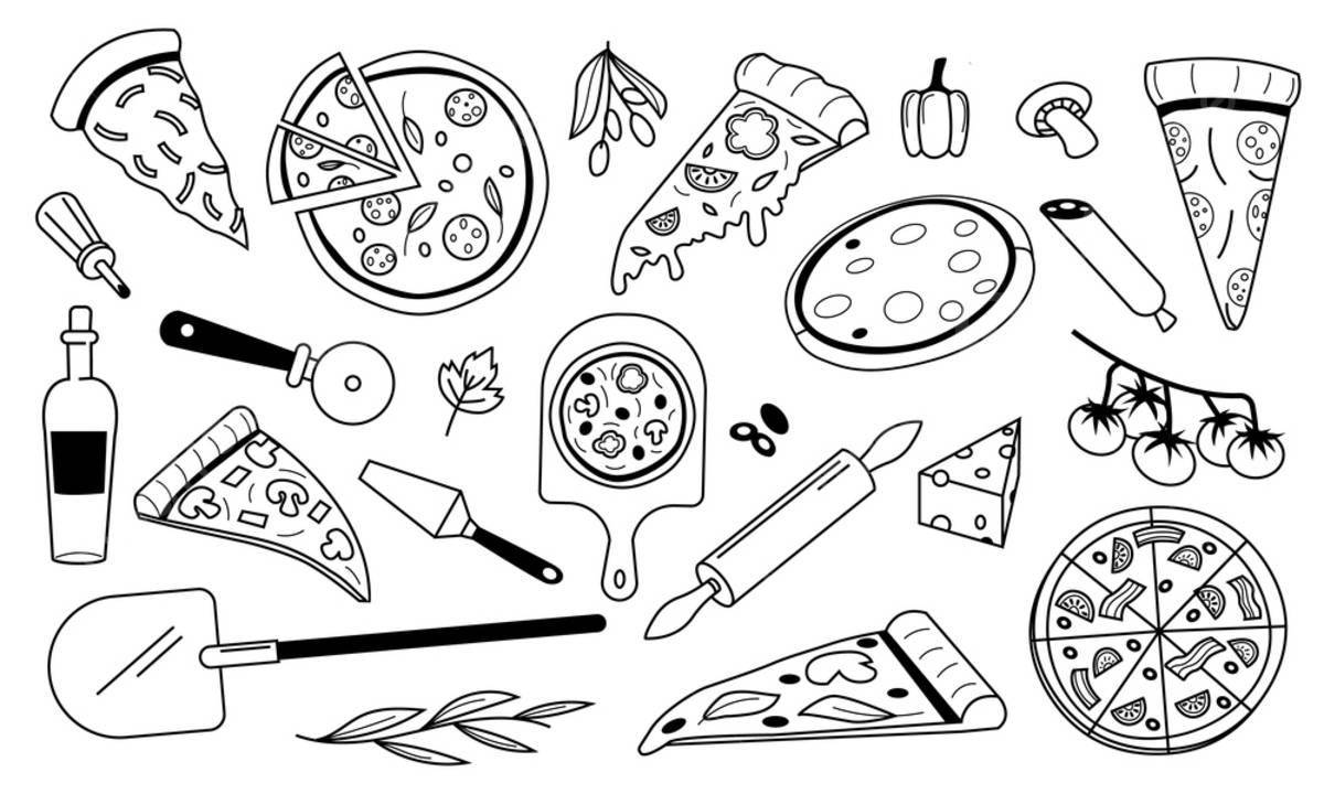 Colorful pizza ingredients coloring book