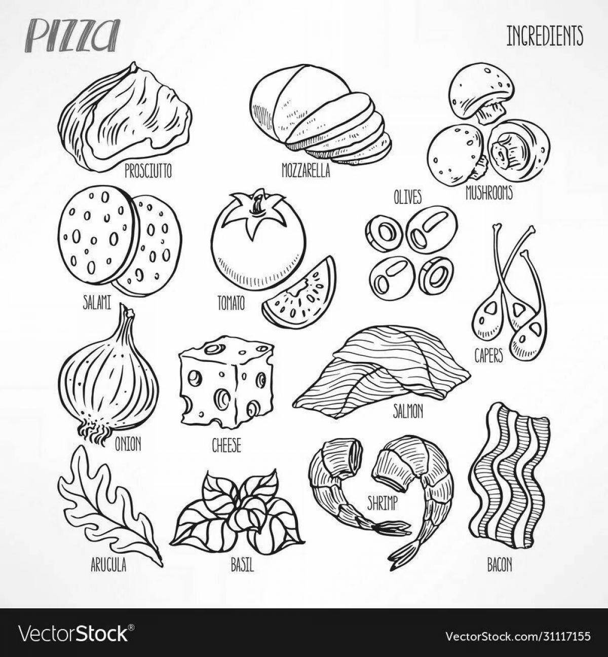 Tempting pizza ingredients coloring book