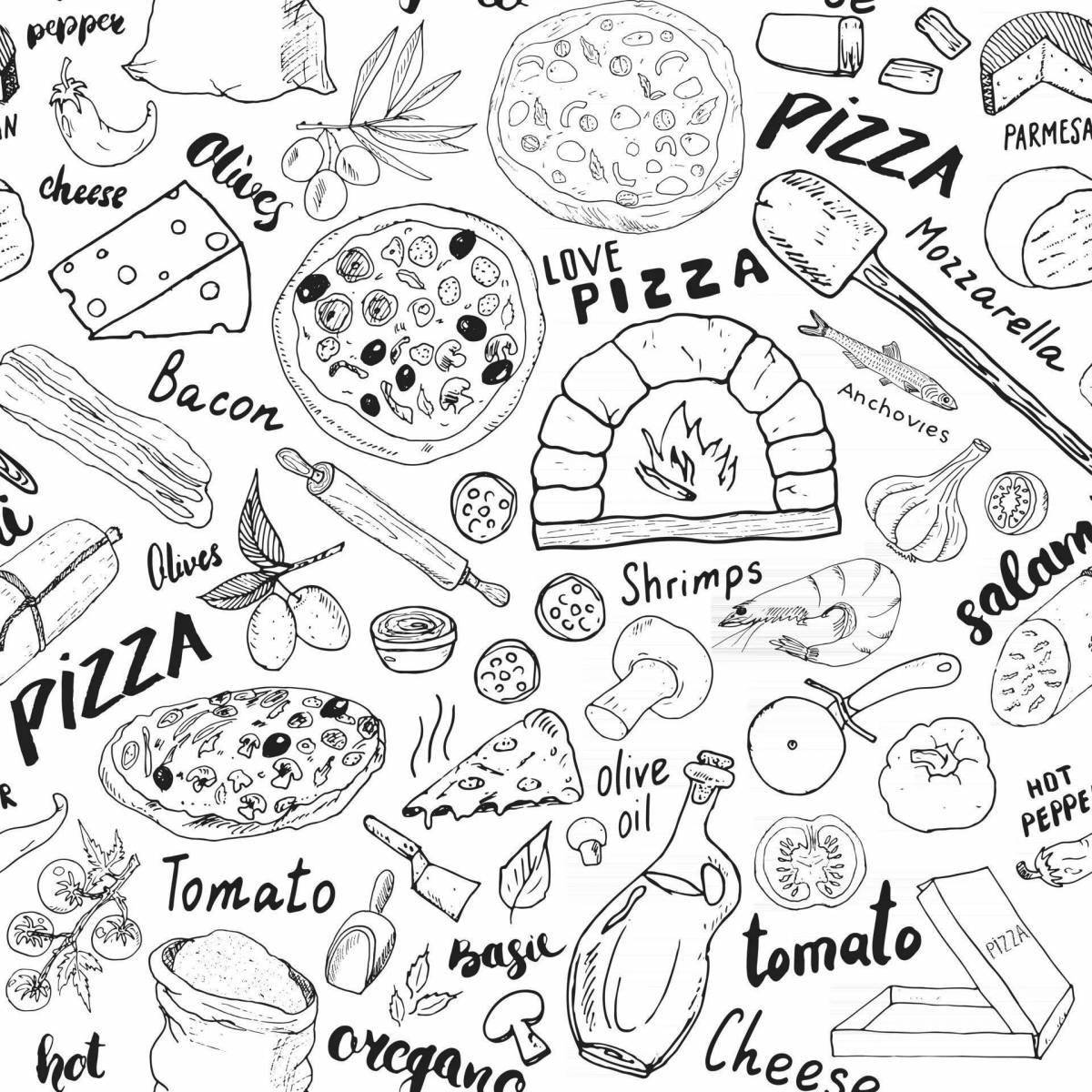Coloring page stimulating pizza ingredients