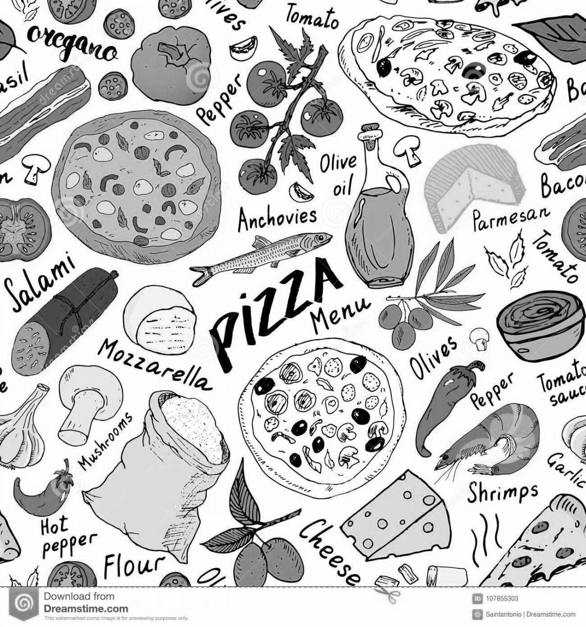 Adorable pizza ingredients coloring page