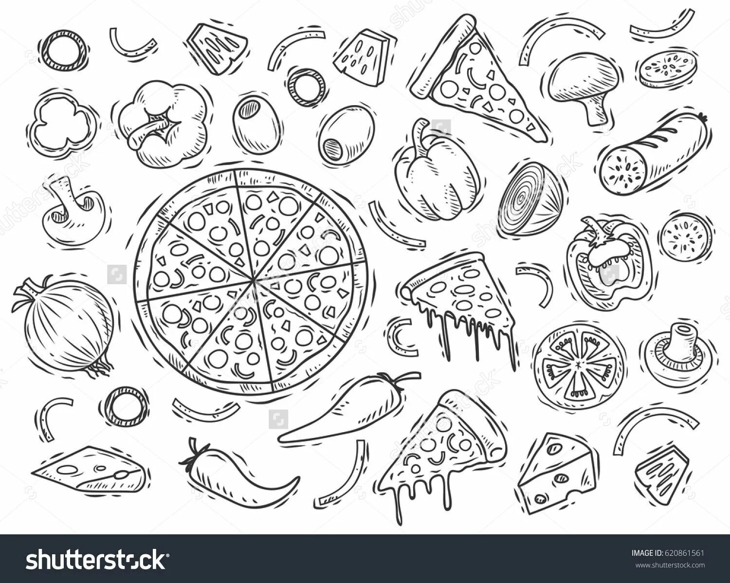 Пицца с овощами раскраска