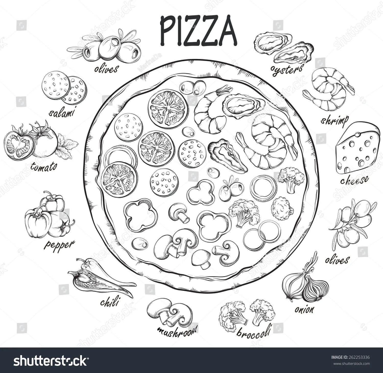 Ингредиенты для пиццы рисунок чб