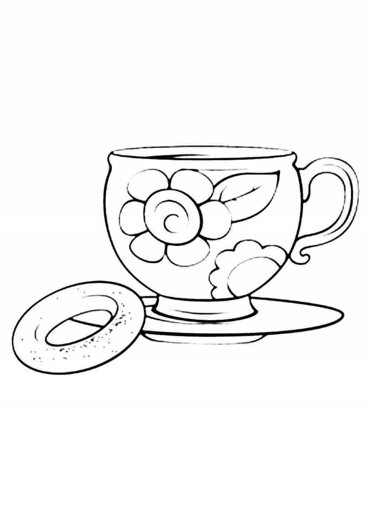Cheerful tea utensils coloring book for kids