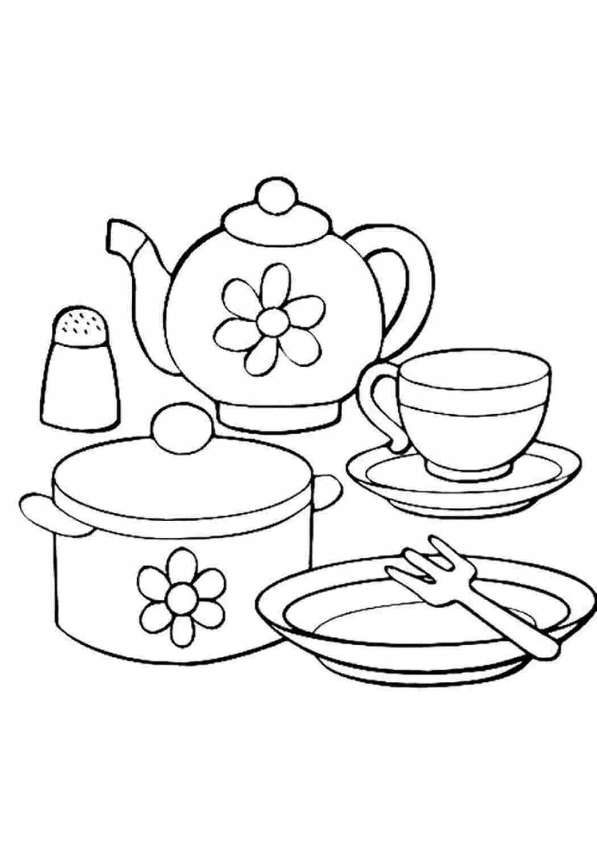 Удивительная страница раскраски чайной посуды для малышей
