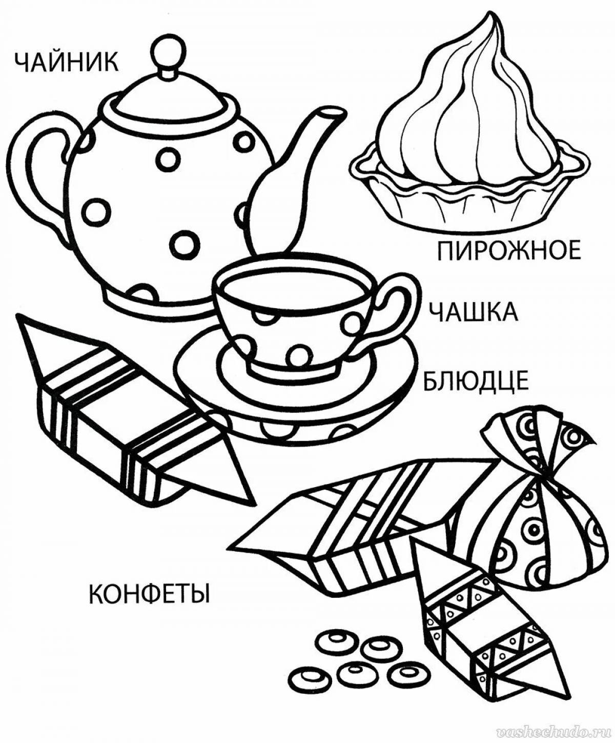 Exemplary tea utensils coloring book for kids
