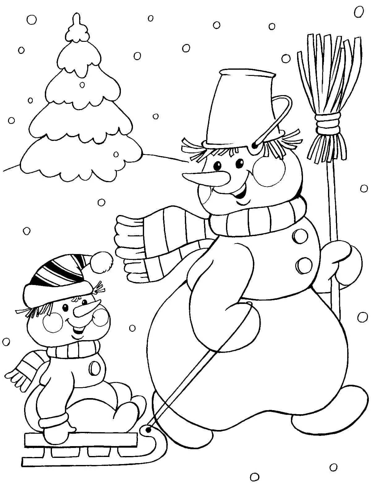 Забавная раскраска снеговик для детей 3-4 лет
