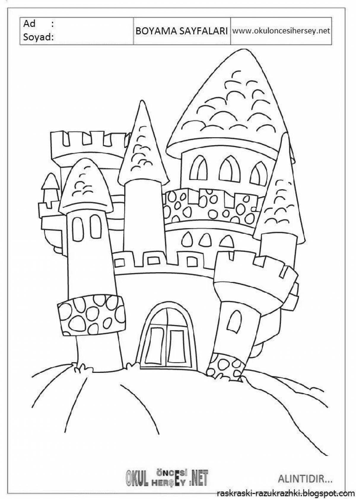 Complex coloring book castle for children 6-7 years old