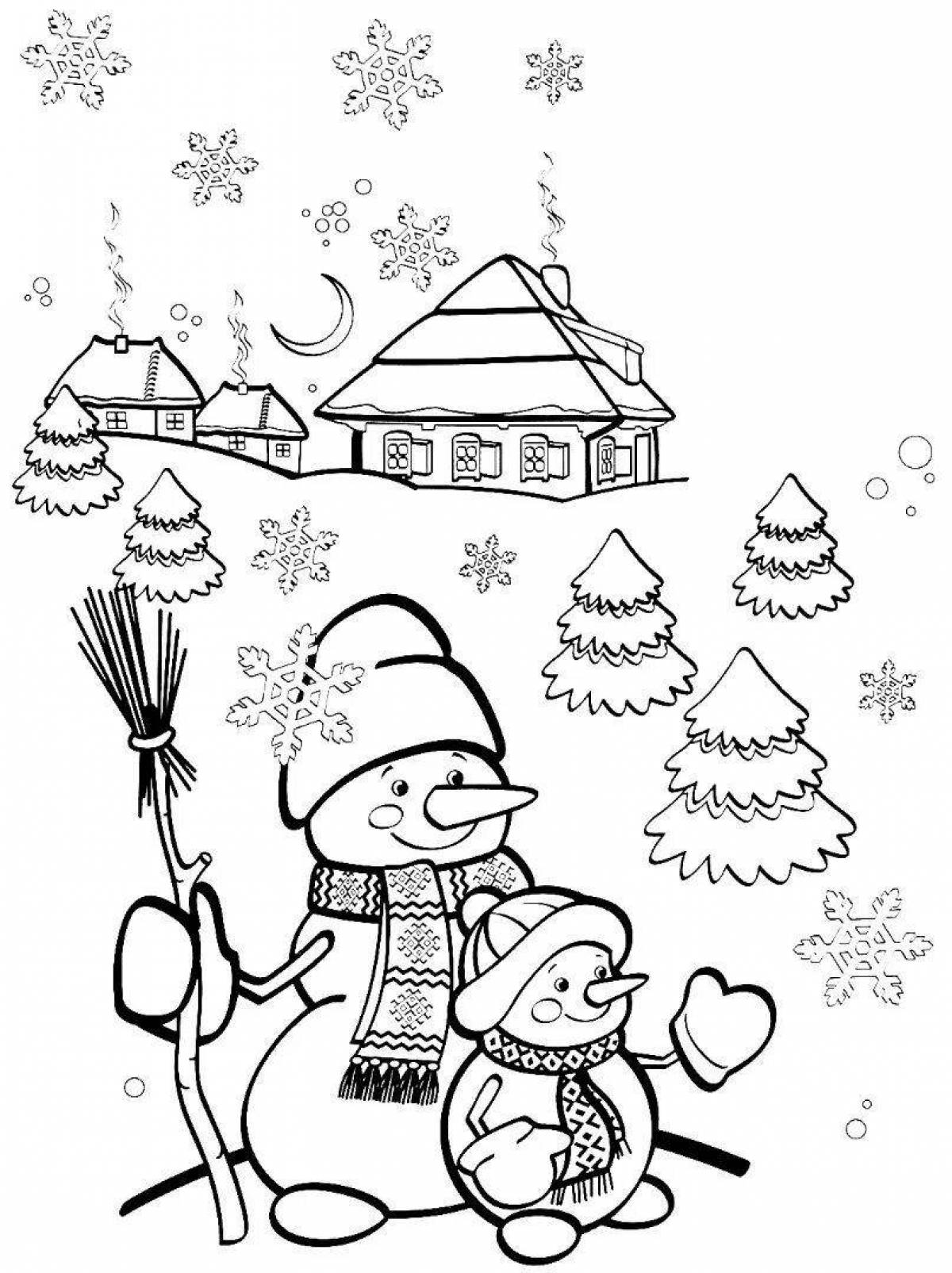 Cheerful winter landscape coloring book for children 10 years old