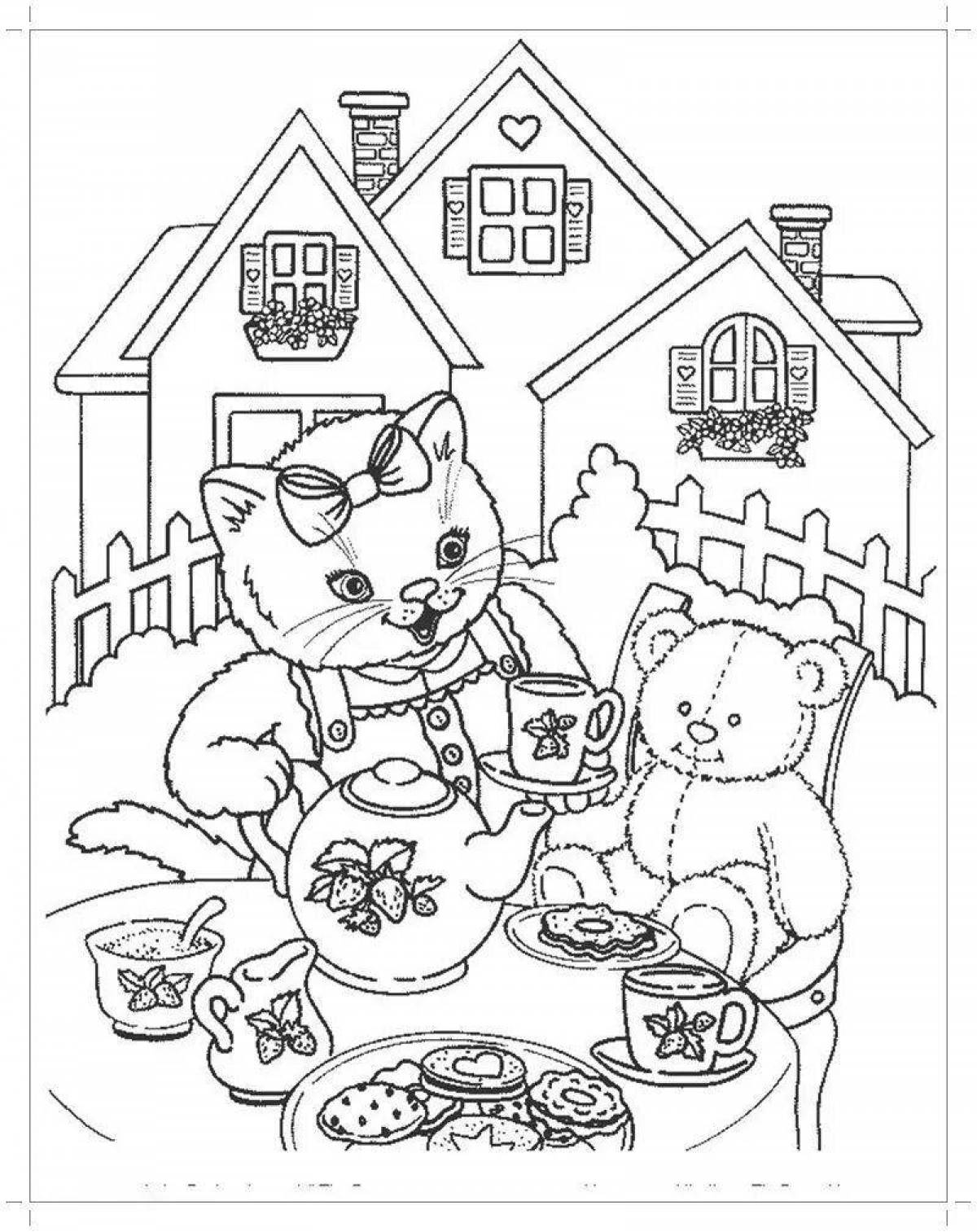 Adorable pre-k cat house coloring page