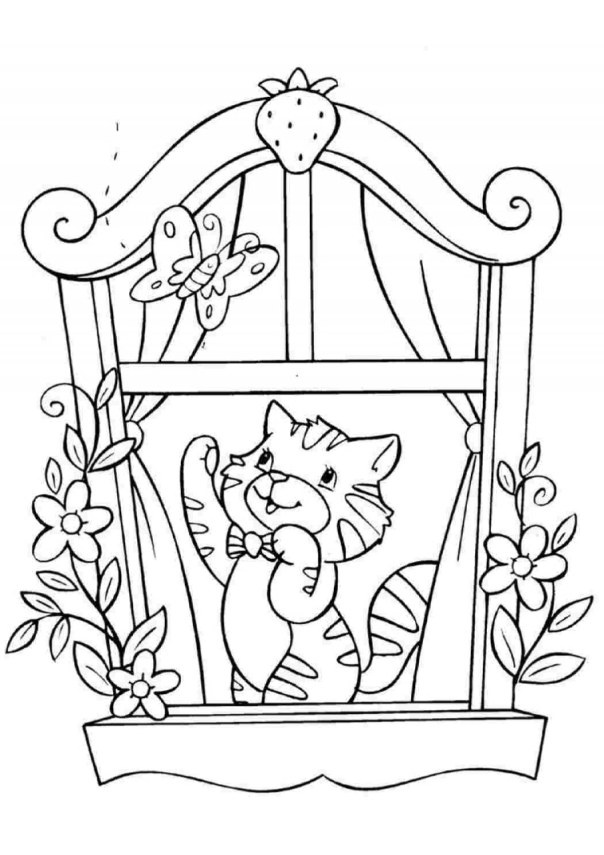 Playtime cat house coloring page for pre-k
