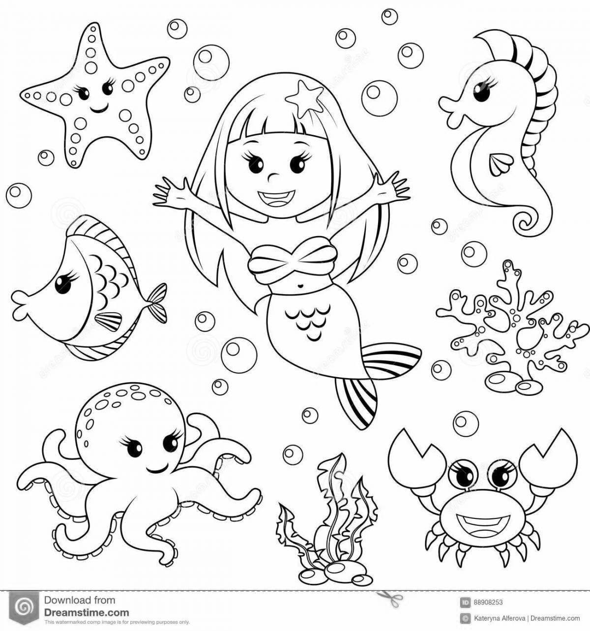 Увлекательная страница раскраски морской жизни для детей 3-4 лет