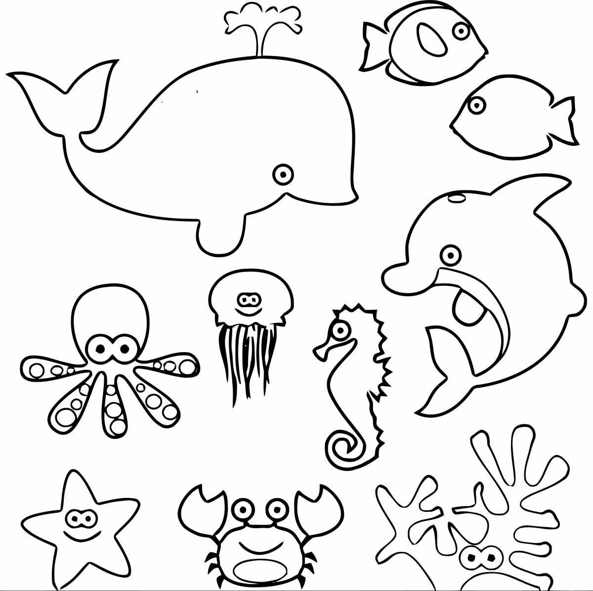 Милая морская жизнь раскраска для детей 3-4 лет