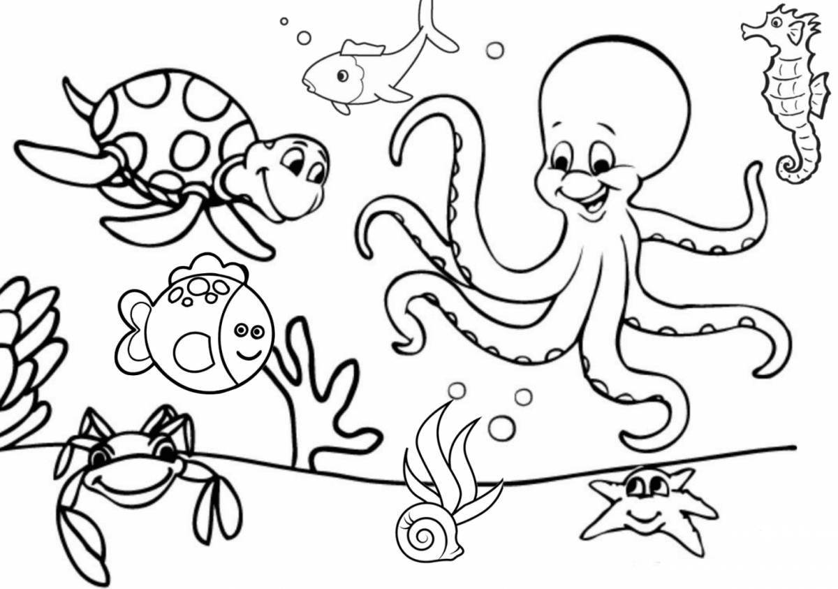 Красочная страница раскраски морской жизни для детей 3-4 лет