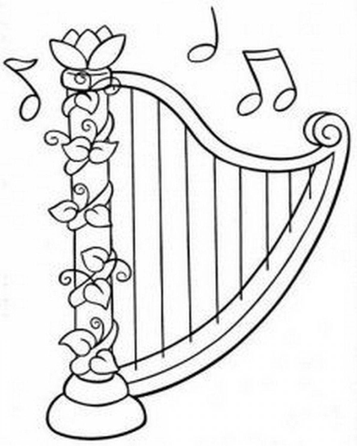 Beautiful harp coloring page for kids